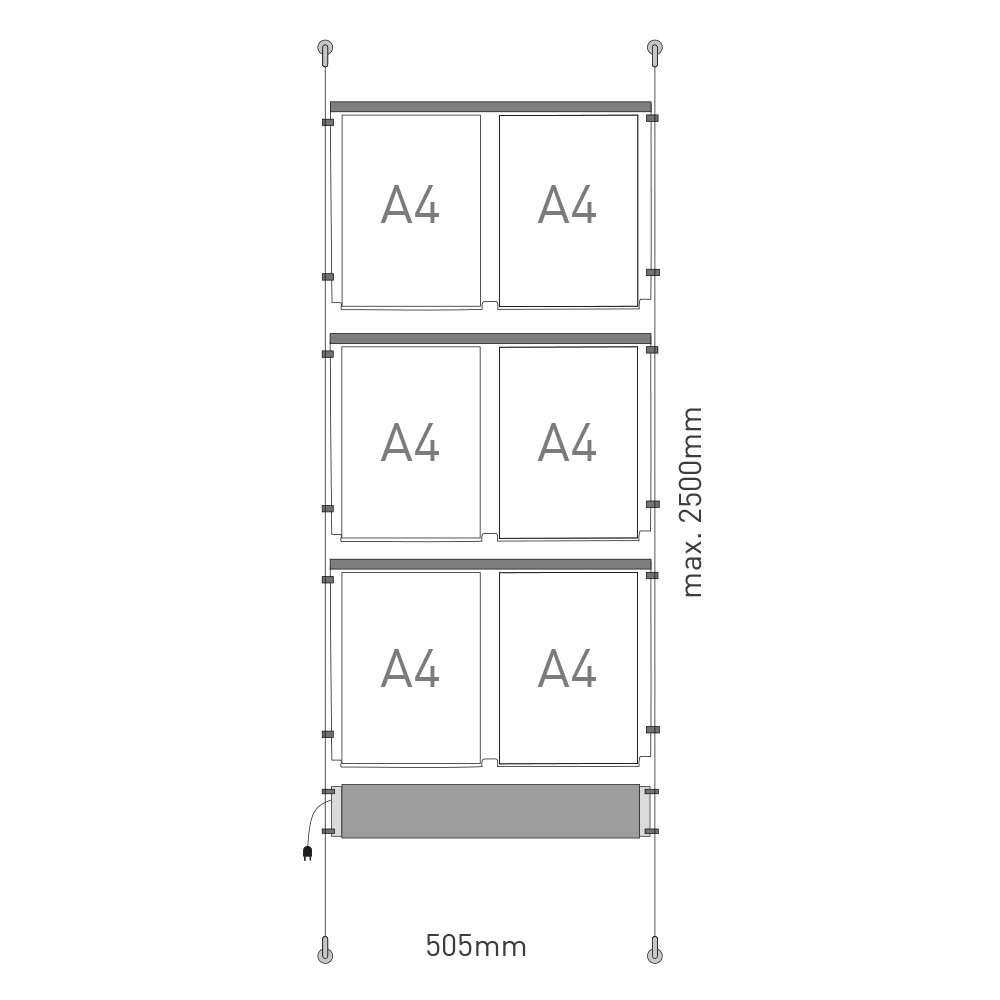 Světelný závěsný systém FlyShine 4 x A4 horizontální
